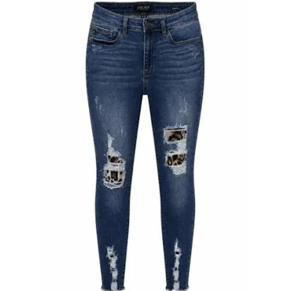 Judy Blue Womens 9/29 Skinny Distressed Leopard Print Patch Jeans Medium Wash